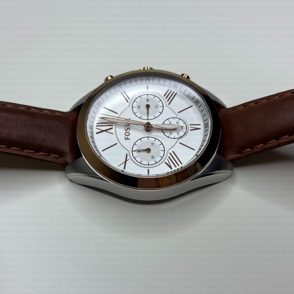 Fossil Gold Tone Watch Brown Leather Strap Whie Face Chrono Women\'s EUC BQ3033 main image 4